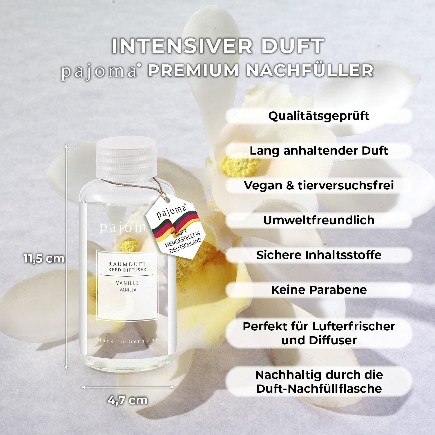 Klarer Flakon mit weißem Deckel und Etikett. Aufschrift: Vanille. Maße: 11,5 x 4,7 cm. Text: Premium Nachfüller.