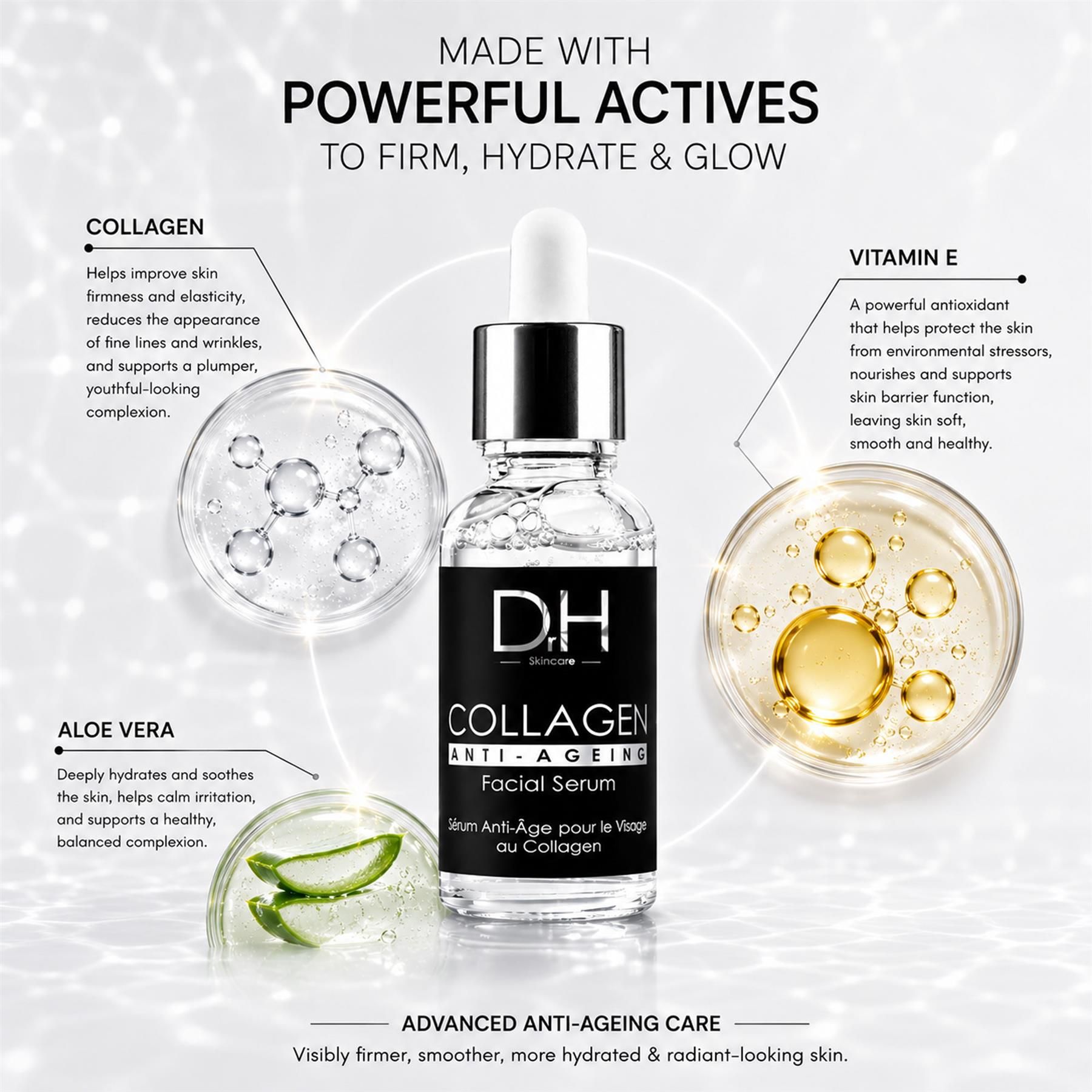 Dr H Skincare Kollagen Anti-Aging Gesichtsserum mit Inhaltsstoffen wie Kollagen, Vitamin E und Aloe Vera.