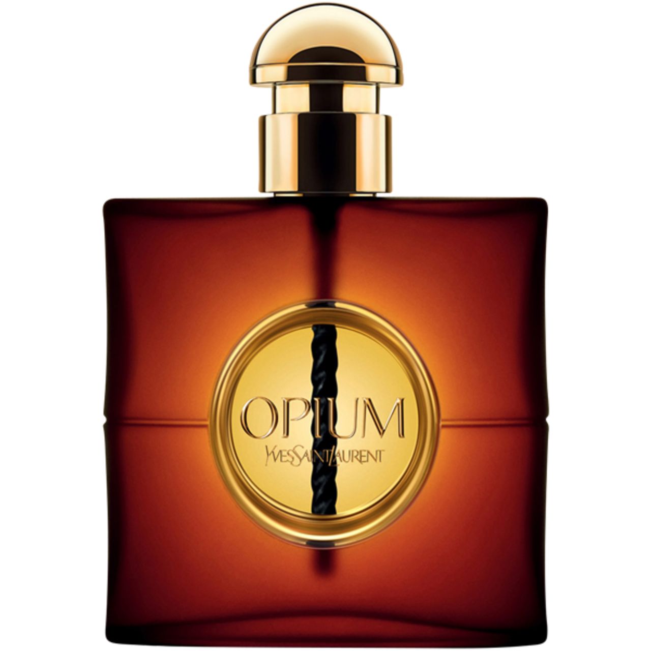 Dunkelbrauner Flakon mit goldenem Verschluss und Aufschrift "Opium". Goldener Kreis mit schwarzem Faden. Marke: Yves Saint Laurent.