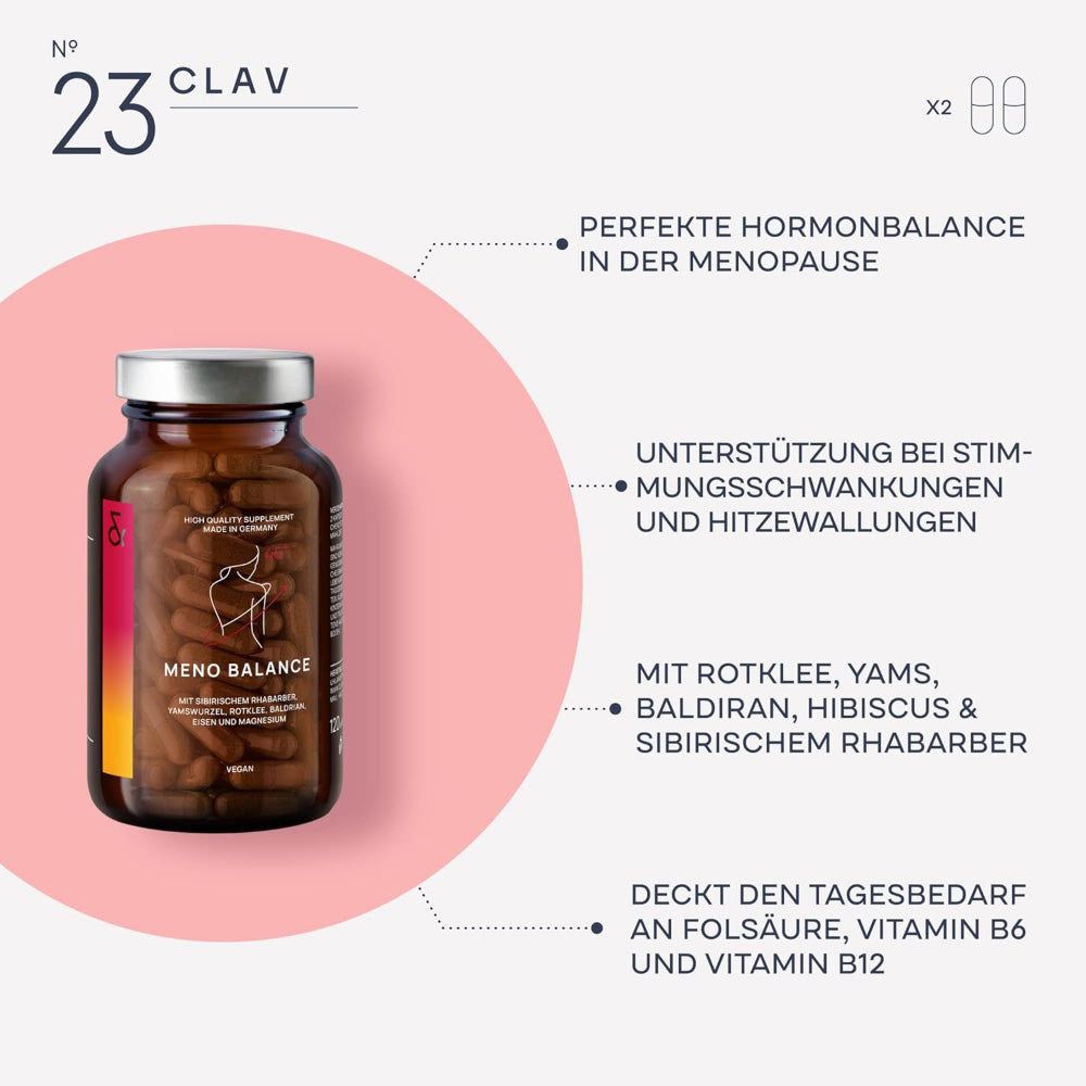 Produktabbildung mit Kapseln. Text: Meno Balance. Perfekte Hormonbalance. Unterstützung bei Hitzewallungen. Vegan.