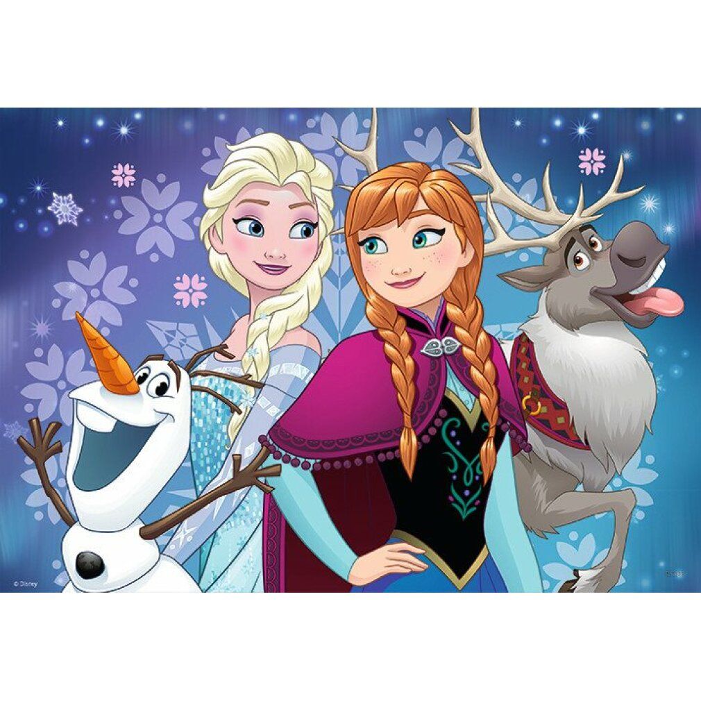 Puzzle mit Elsa, Anna, Olaf und Sven. Hintergrund mit Schneeflocken. Figuren aus dem Film Frozen.