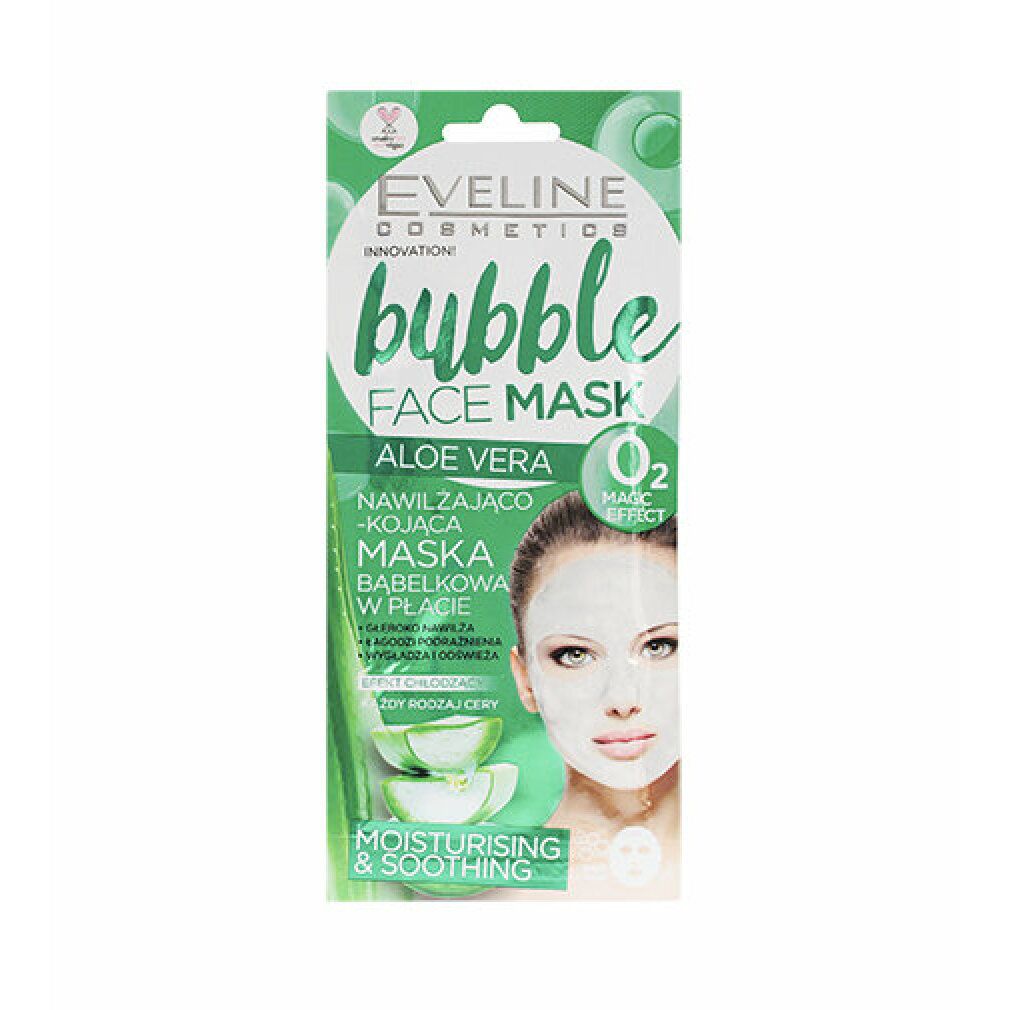 Gesichtsmaske mit Aloe Vera. Verpackung mit Produktabbildung und Text. Grün-weißes Design mit Logo und Produktbezeichnung.