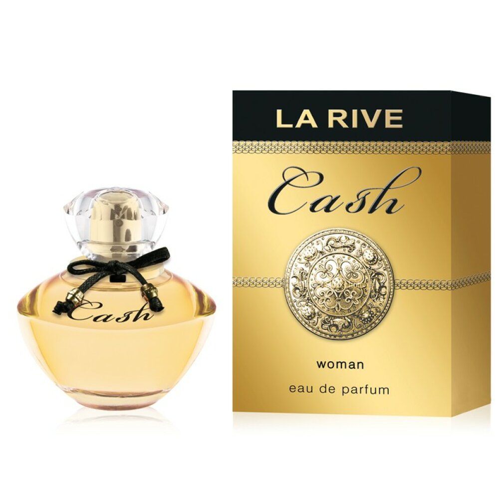 Parfümflakon und Verpackung. Flakon mit goldfarbener Flüssigkeit, schwarzer Schleife und Deckel. Verpackung mit Schriftzug "La Rive Cash".