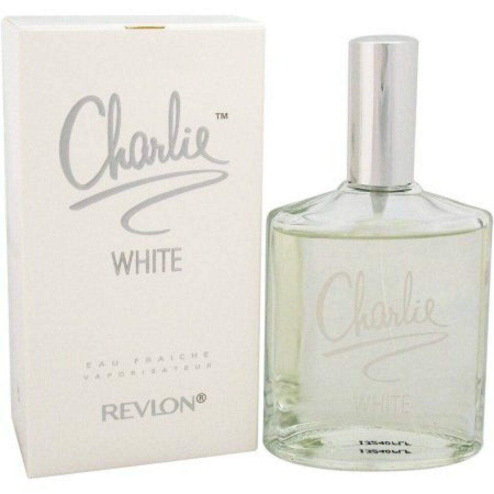 Flakon und Schachtel von Charlie White Eau Fraiche. Weißes Etikett mit Schriftzug. Revlon-Logo.