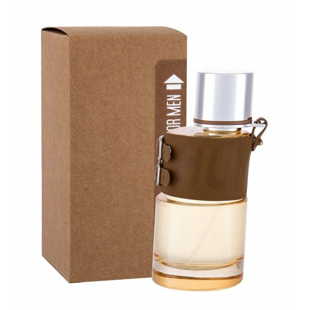 Parfümflasche mit brauner Lederhülle und Karton. Aufschrift: Hunter For Men.