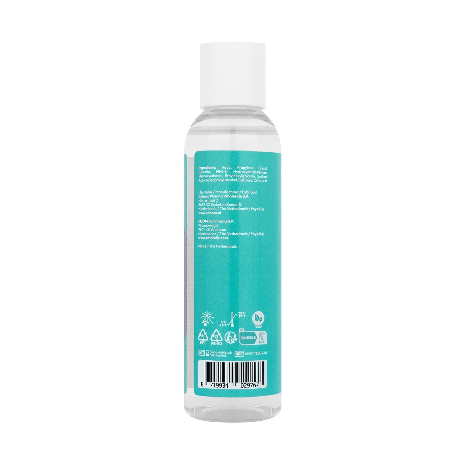 Dos d'un flacon transparent avec bouchon blanc. Texte et symboles sur fond turquoise. Code-barres.