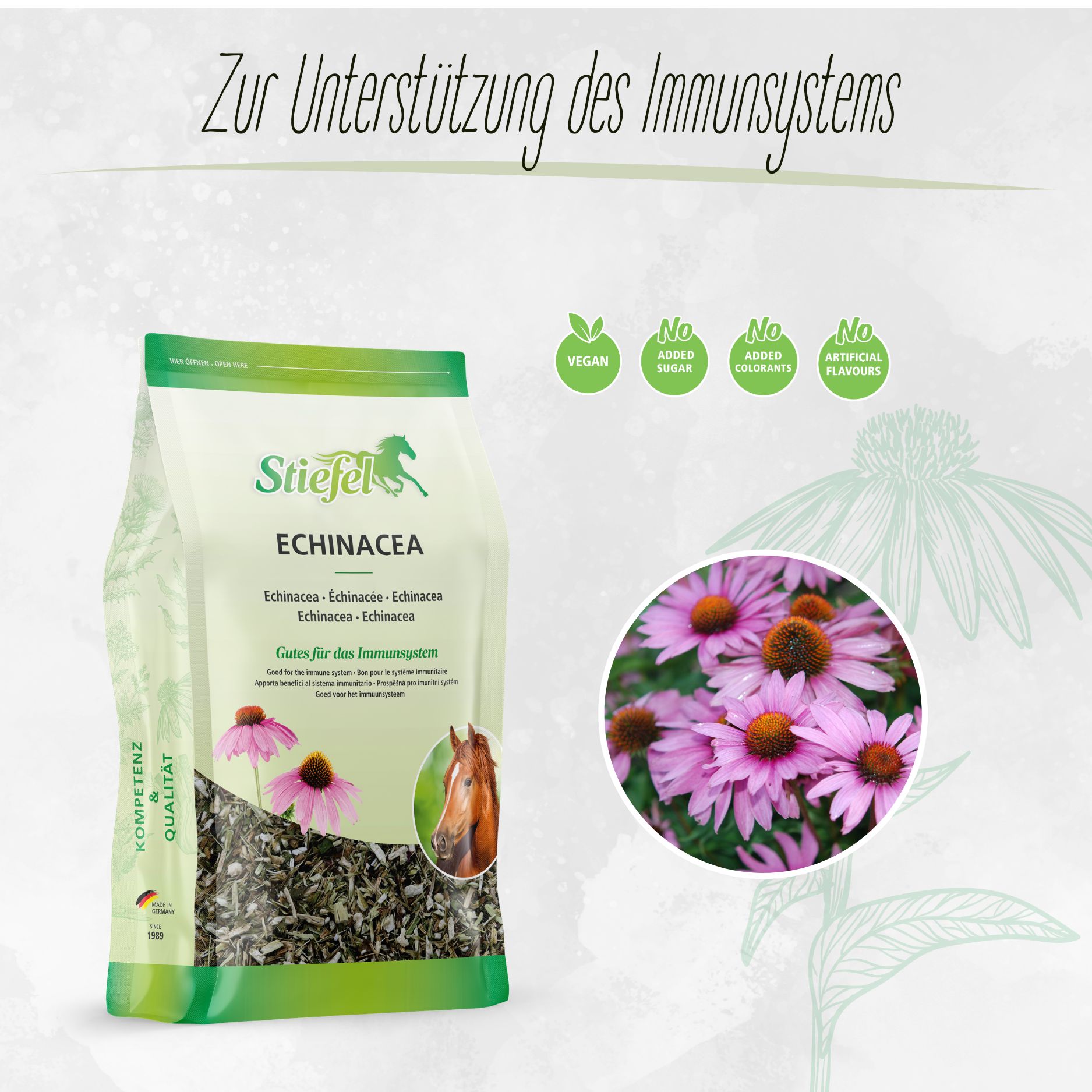 Beutel mit Stiefel Echinacea. Grün-weiße Verpackung mit Produktnamen und Illustrationen von Echinacea-Blüten und einem Pferd. Vegan, zuckerfrei, farbstofffrei, aromafrei.