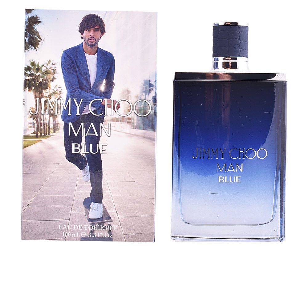 Flakon und Verpackung von Jimmy Choo Man Blue. Flakon rechteckig, blau-transparent. Verpackung mit Mann, Schriftzug.