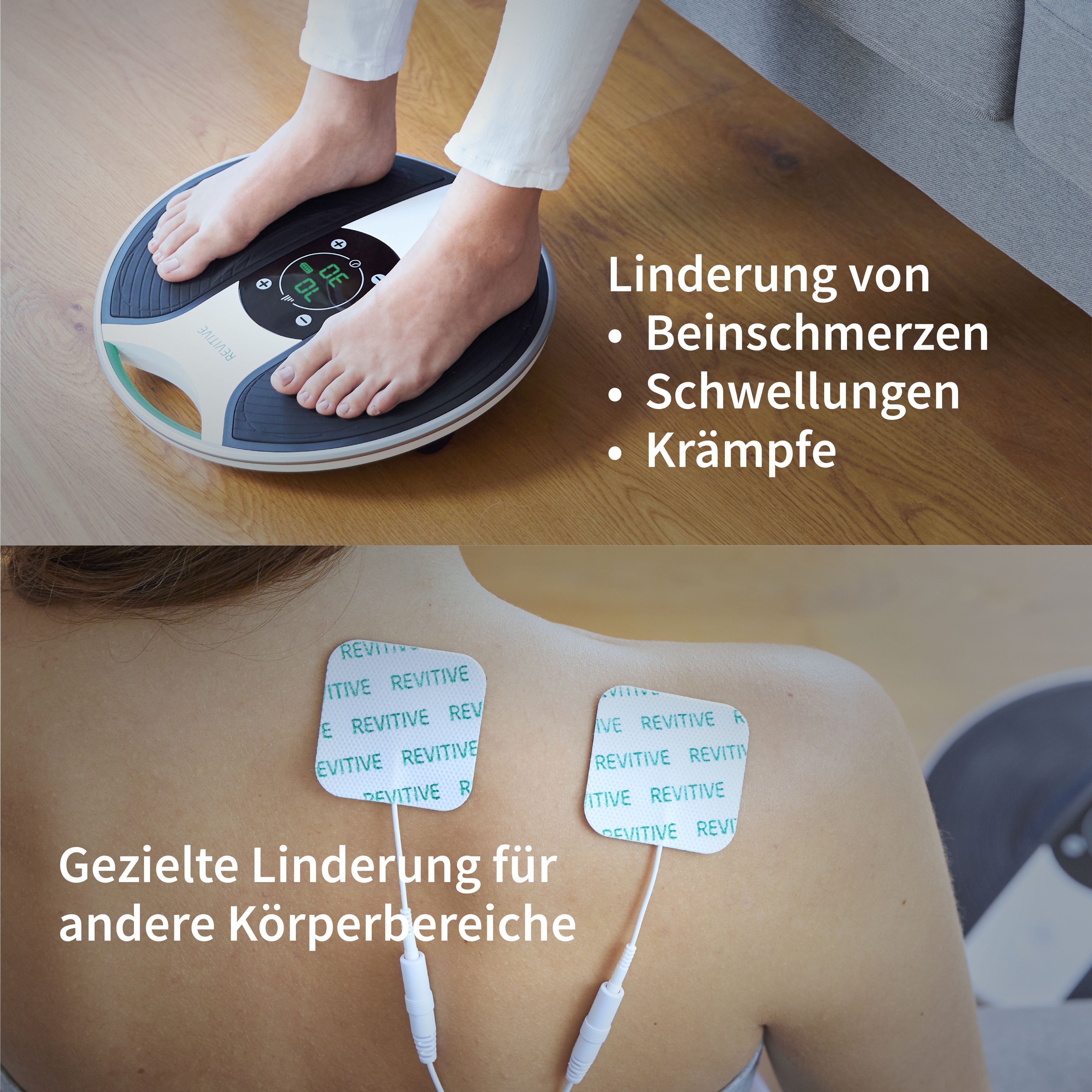 Person steht auf einem runden, grauen und weißen EMS-Fußtrainer mit Display.