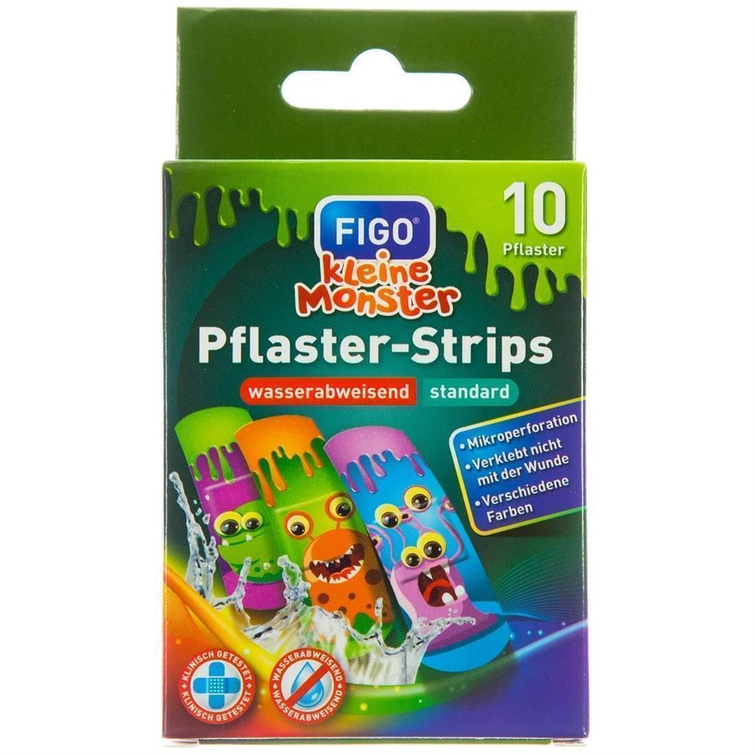 Grüne Packung FIGO Kleine Monster Pflaster-Strips. Enthält 10 Pflaster. Verpackung mit Illustrationen von Monstern und Produktinformationen.