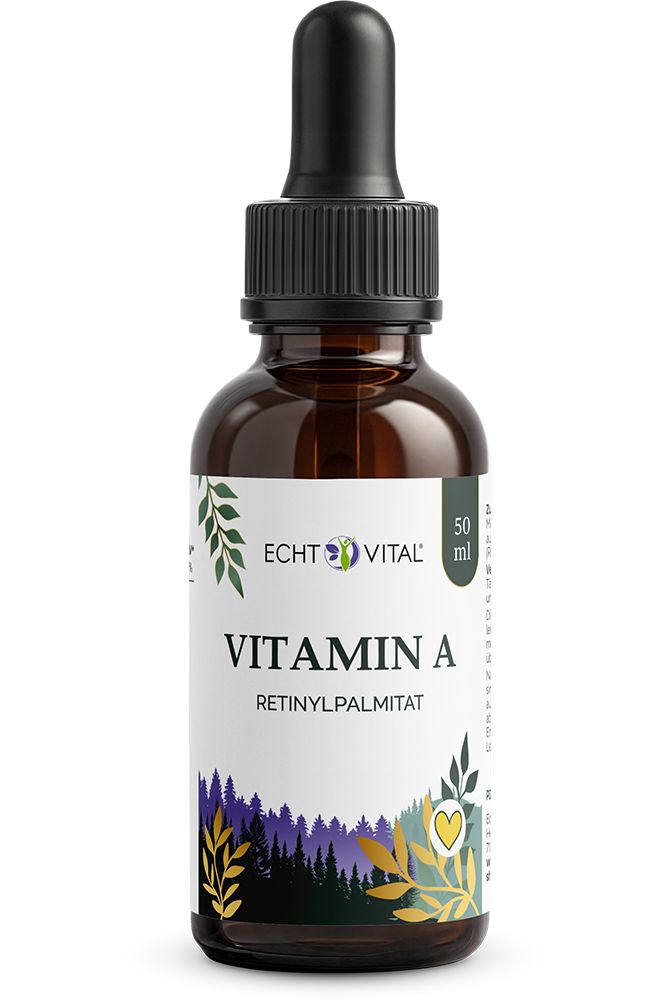 Braune Glasflasche mit Pipettenverschluss, gefüllt mit Echt Vital Vitamin A Serum.