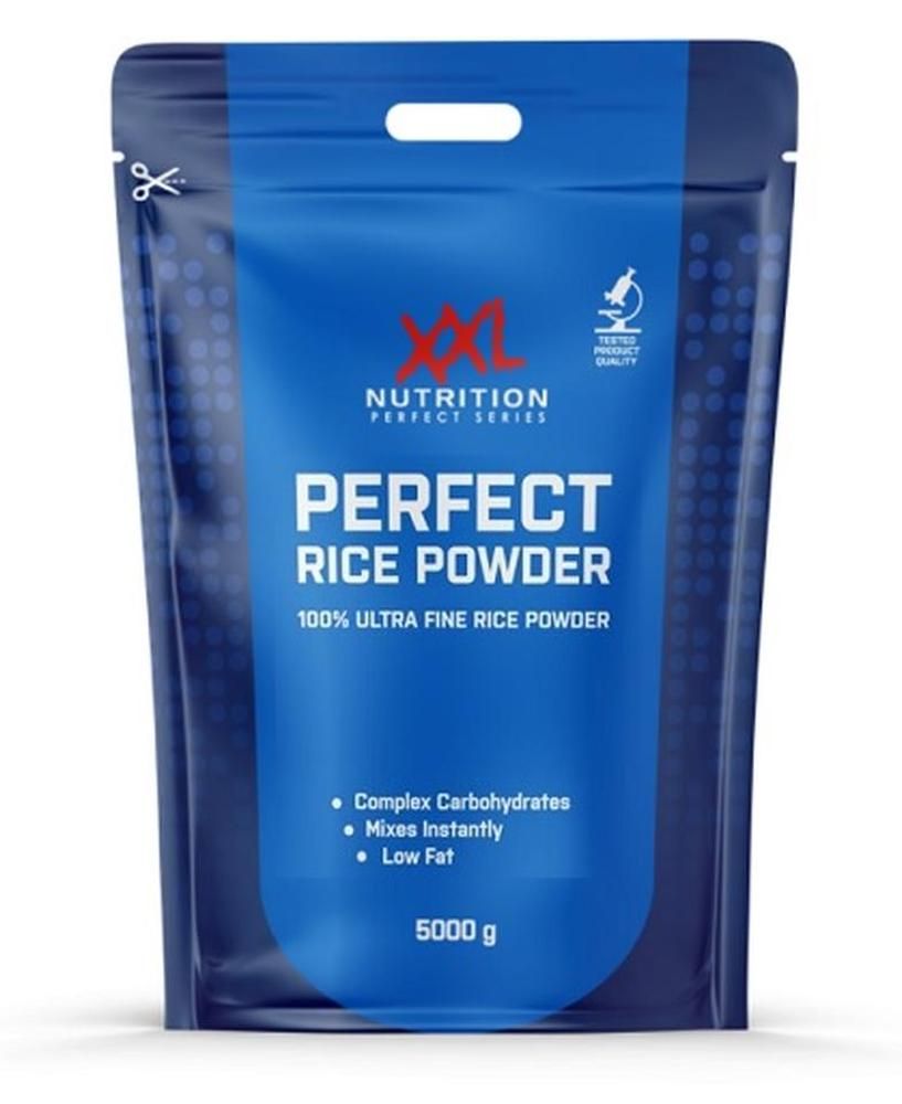 Blaue XXL Nutrition Perfect Rice Powder-Verpackung. Enthält 5000 g Reis-Pulver. Mit Aufdrucken und Logo.