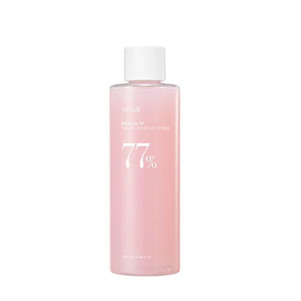 ANUA Peach 77% Niacin Essence Toner in einer durchsichtigen Flasche mit weißem Deckel.