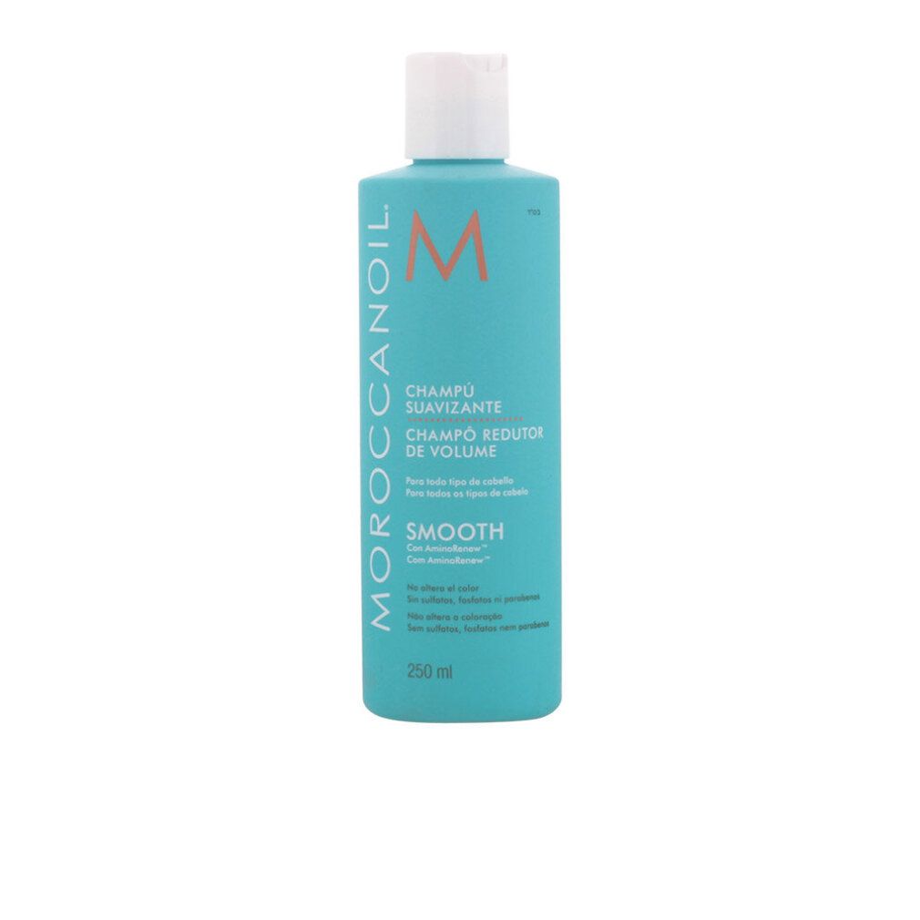 Türkisgrüne Flasche mit weißem Deckel. Moroccanoil Shampoo. Text: Smooth, 250 ml.