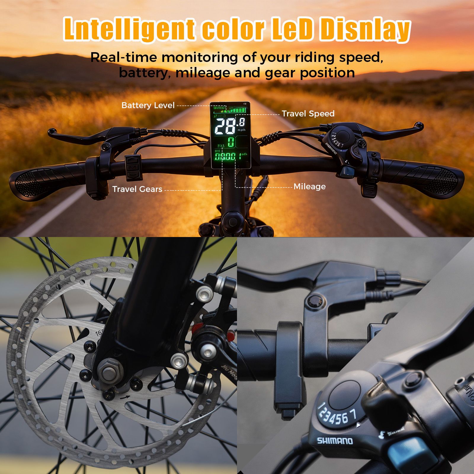 Nahaufnahme des LED-Displays eines E-Bikes. Zeigt Geschwindigkeit, Batterie, Kilometerstand und Gänge.