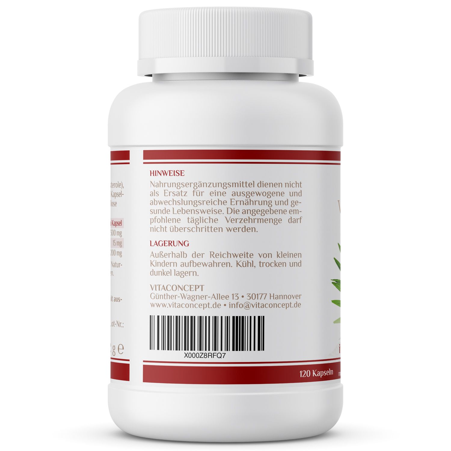 Rückseite einer weißen Kapsel-Dose mit rotem Streifen. Text: Hinweise, Lagerung, VITACONCEPT-Adresse, Barcode. 120 Kapseln.