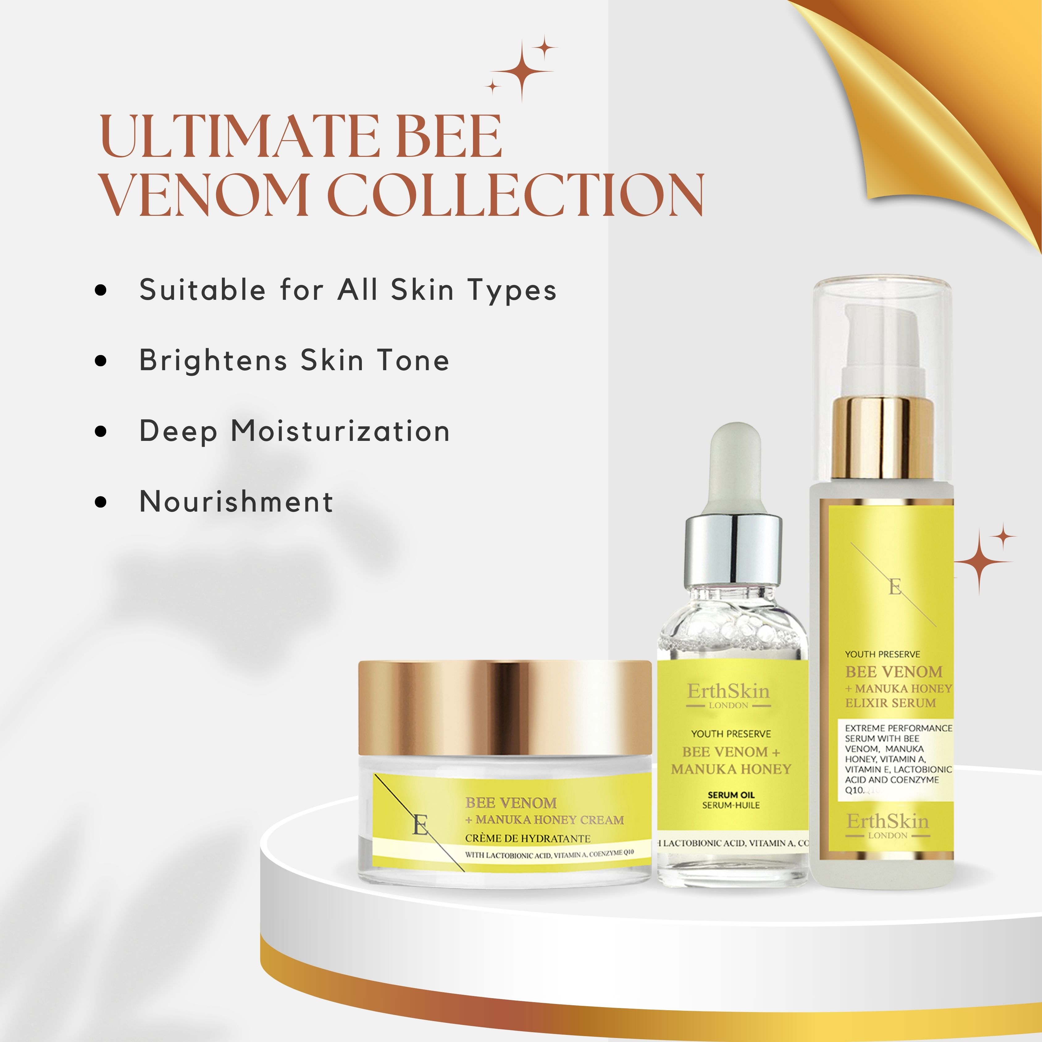 Drei Kosmetikprodukte von ErthSkin London. Flaschen und Tiegel mit gelben Etiketten und goldenen Deckeln. Beschriftung: Bienengift + Manuka-Honig.