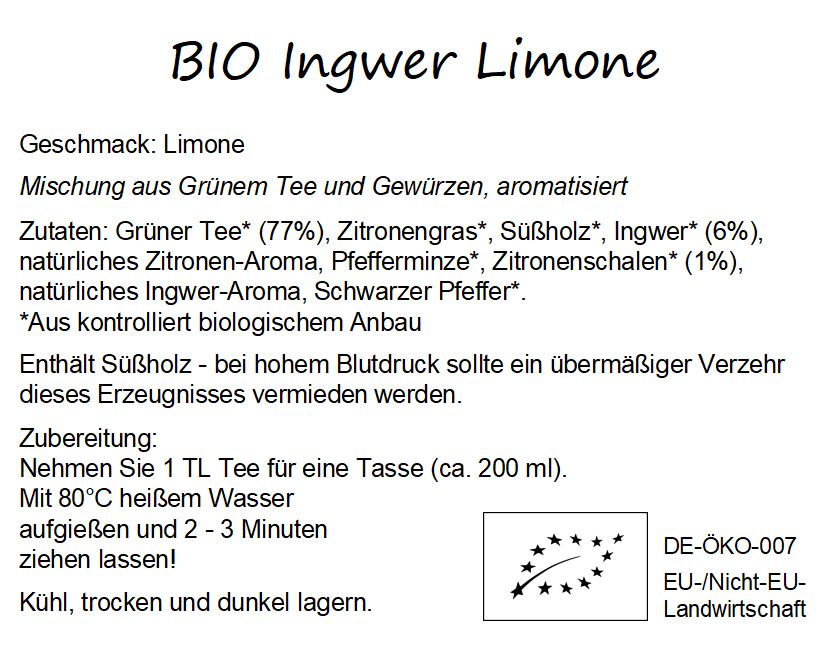 Weißes Etikett mit Text: "BIO Ingwer Limone". Zutatenliste, Zubereitungshinweise und Bio-Siegel. Text in deutscher Sprache.