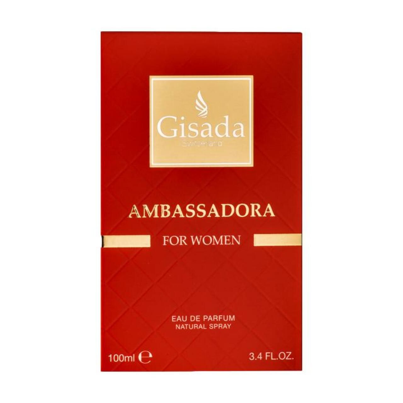 Rote Verpackung mit Aufschrift: Gisada Switzerland Ambassadora. Für Damen. 100ml.