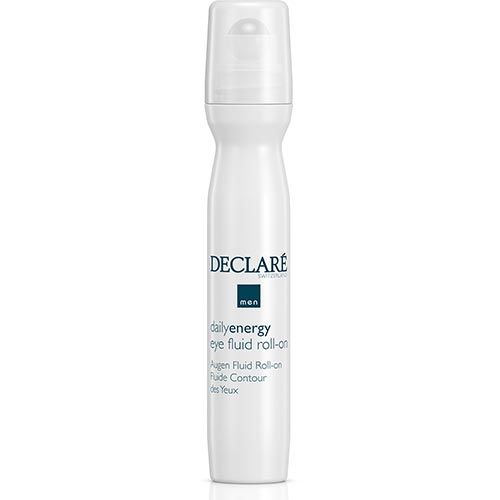 Weißer Roll-on-Behälter mit Kugelapplikator. Aufschrift DECLARÉ, dailyenergy eye fluid roll-on. Für Männer.
