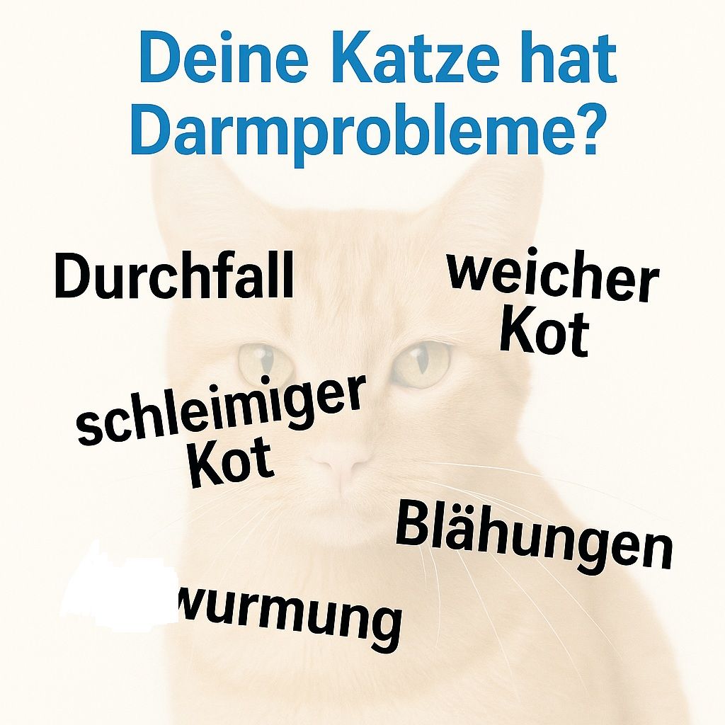 Katze mit Text: Deine Katze hat Darmprobleme? Aufzählung von Symptomen: Durchfall, weicher Kot, etc.