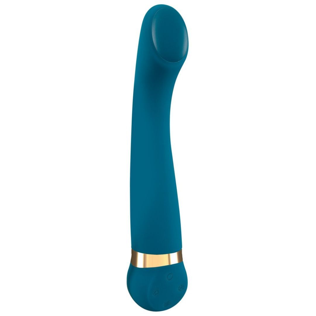 Türkisfarbener Vibrator mit goldfarbenem Ring. Gebogene Form, abgerundete Spitze.