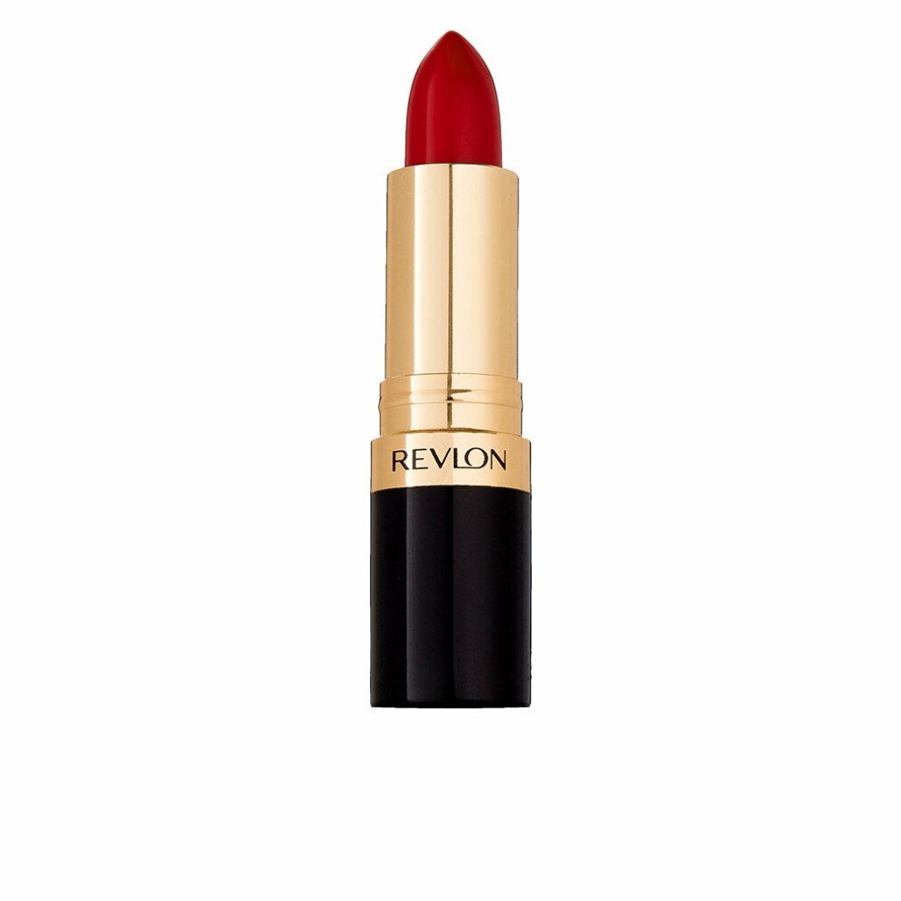 Lippenstift mit roter Spitze. Goldfarbener Mittelteil, schwarzer Boden. Aufschrift: REVLON.