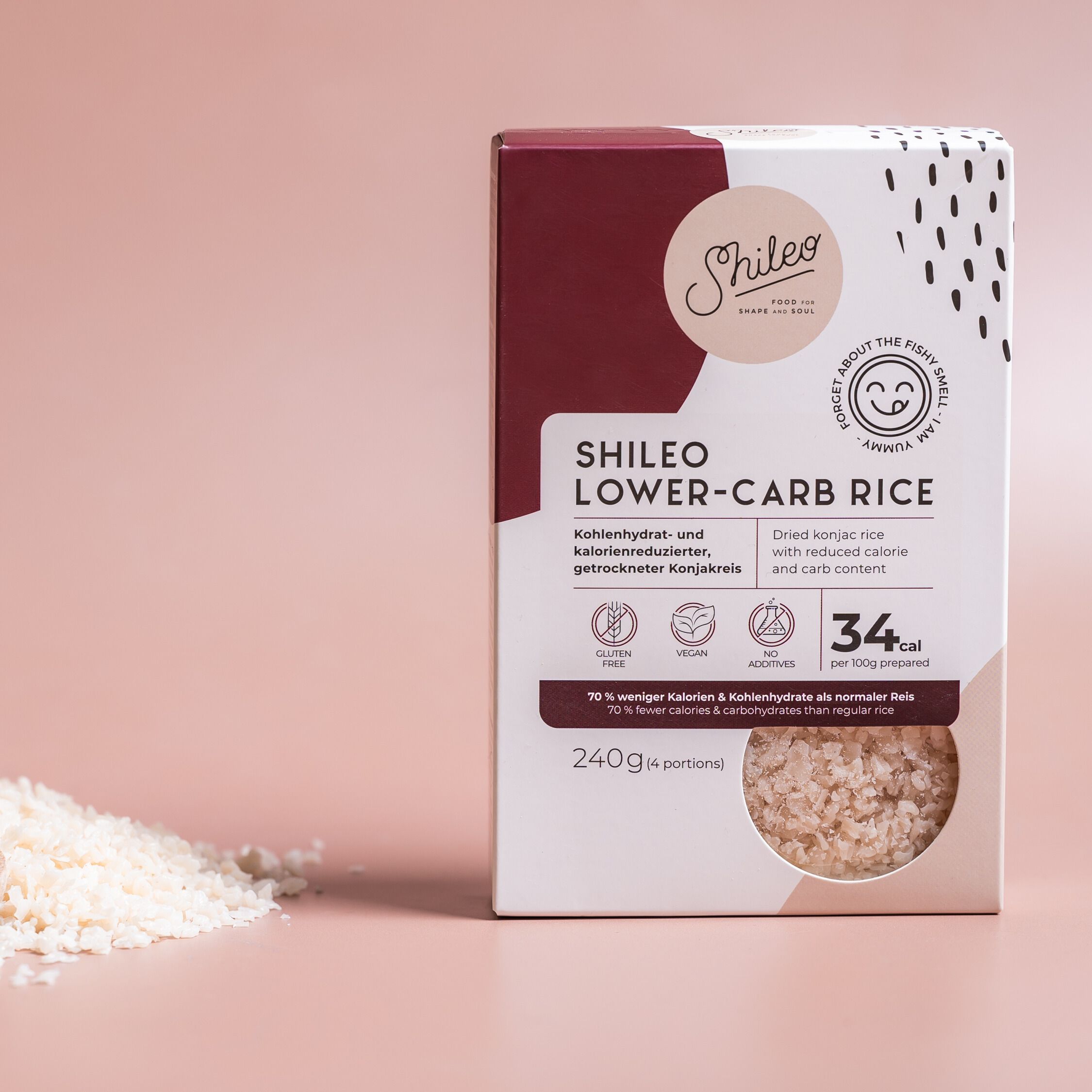 Verpackung von SHILEO Lower-Carb Reis. Enthält getrockneten Konjakreis. 240g Packung mit Nährwertangaben und Logo.