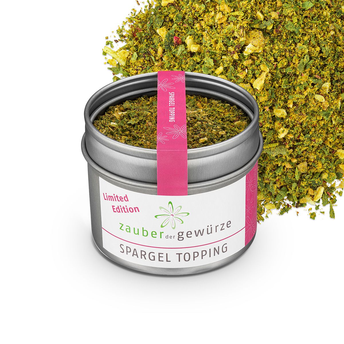 Geöffnete Dose Spargel Topping. Rosa Etikett mit Produktname und Logo. Streuung von Topping daneben. Aufschrift: Limited Edition.