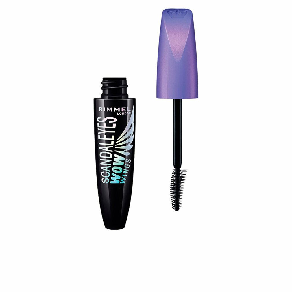 Geöffnete Mascara-Tube mit lila Deckel und Bürste. Text: Rimmel London Scandaleyes Wow Wings.