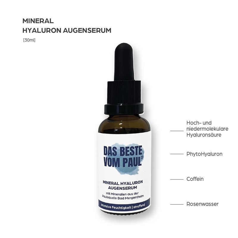 Augenserum in brauner Glasflasche mit Pipette. Aufschrift: DAS BESTE VOM PAUL®. Text: Mineral Hyaluron Augenserum.