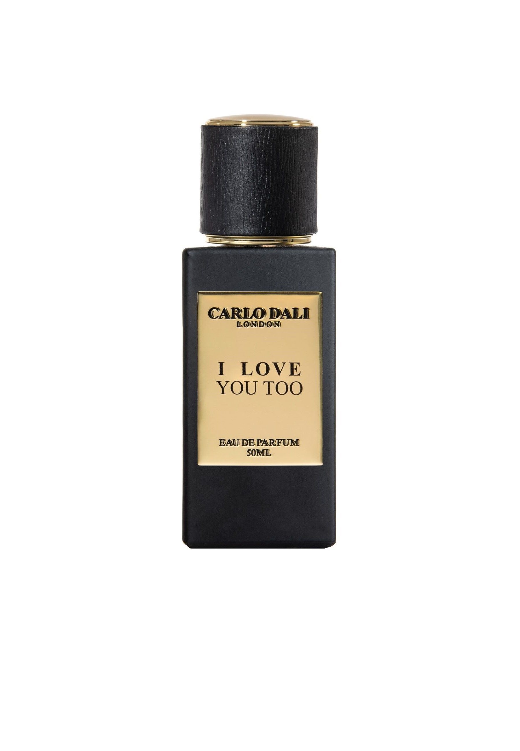 Schwarzer Flakon mit goldfarbenem Etikett. Aufschrift: CARLO DALI, I LOVE YOU TOO, Eau de Parfum, 50ml.