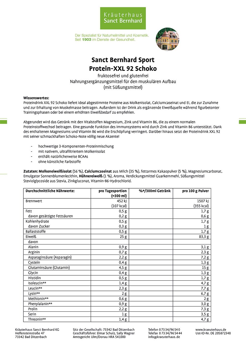 Textdokument mit Nährwertangaben und Zutaten für Sanct Bernhard Sport Protein-XXL 92 Schoko. Enthält Tabellen.