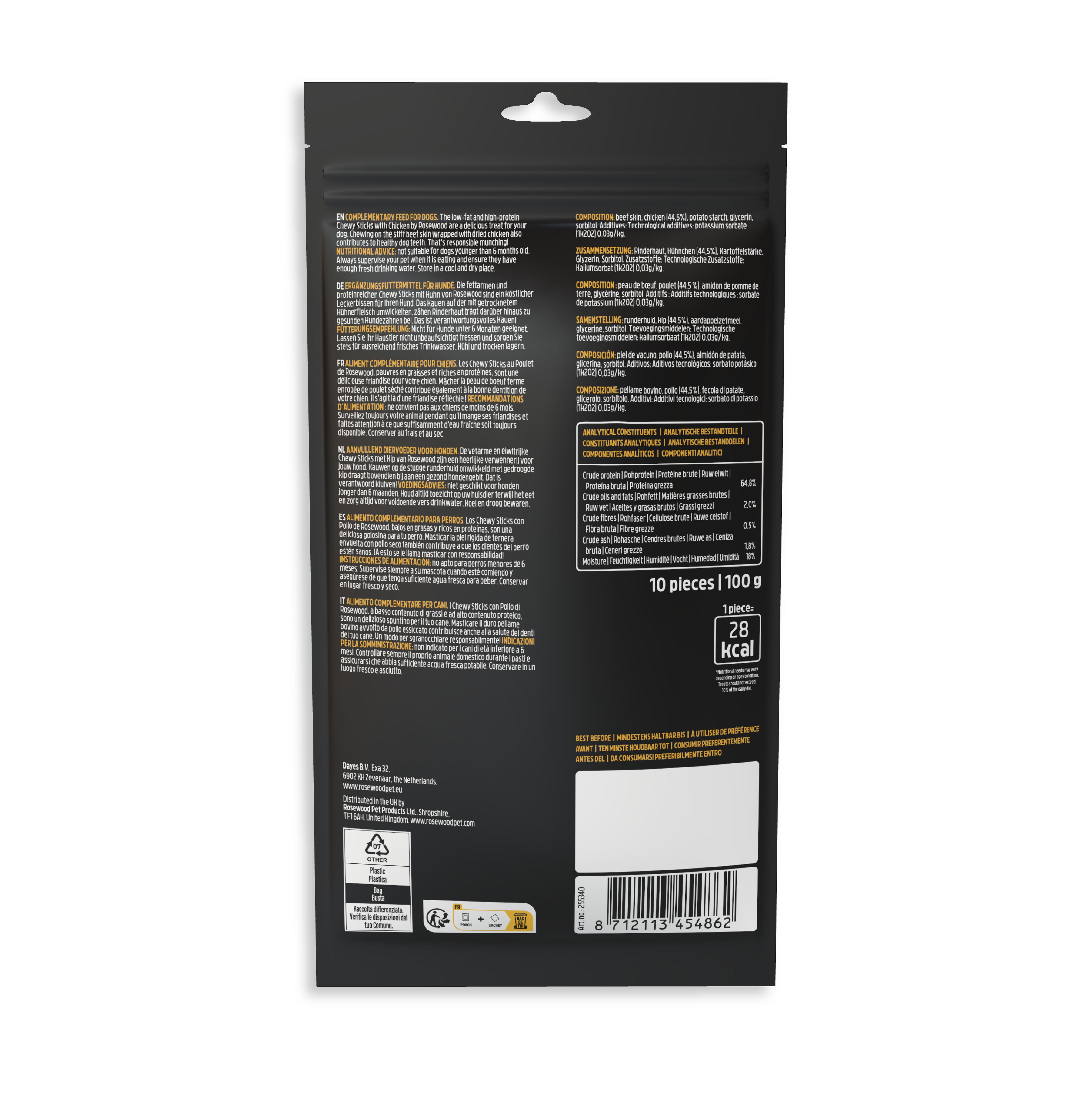 Rückseite der Einzelpackung Rosewood Chewy Sticks mit Huhn. Textinformationen, Nährwertangaben und Barcode.