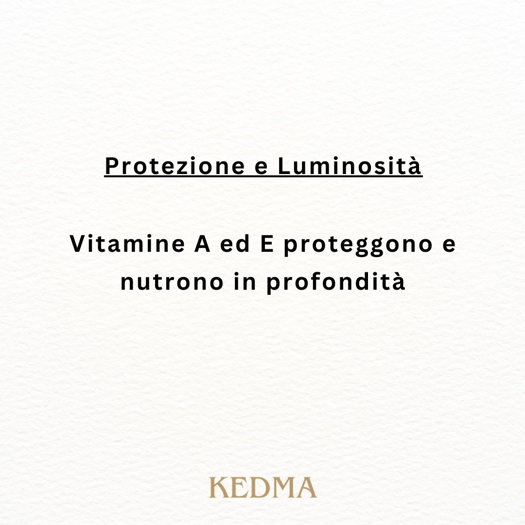 Testo su sfondo crema: Protezione e Luminosità. Vitamine A ed E proteggono e nutrono in profondità. Marchio: Kedma.
