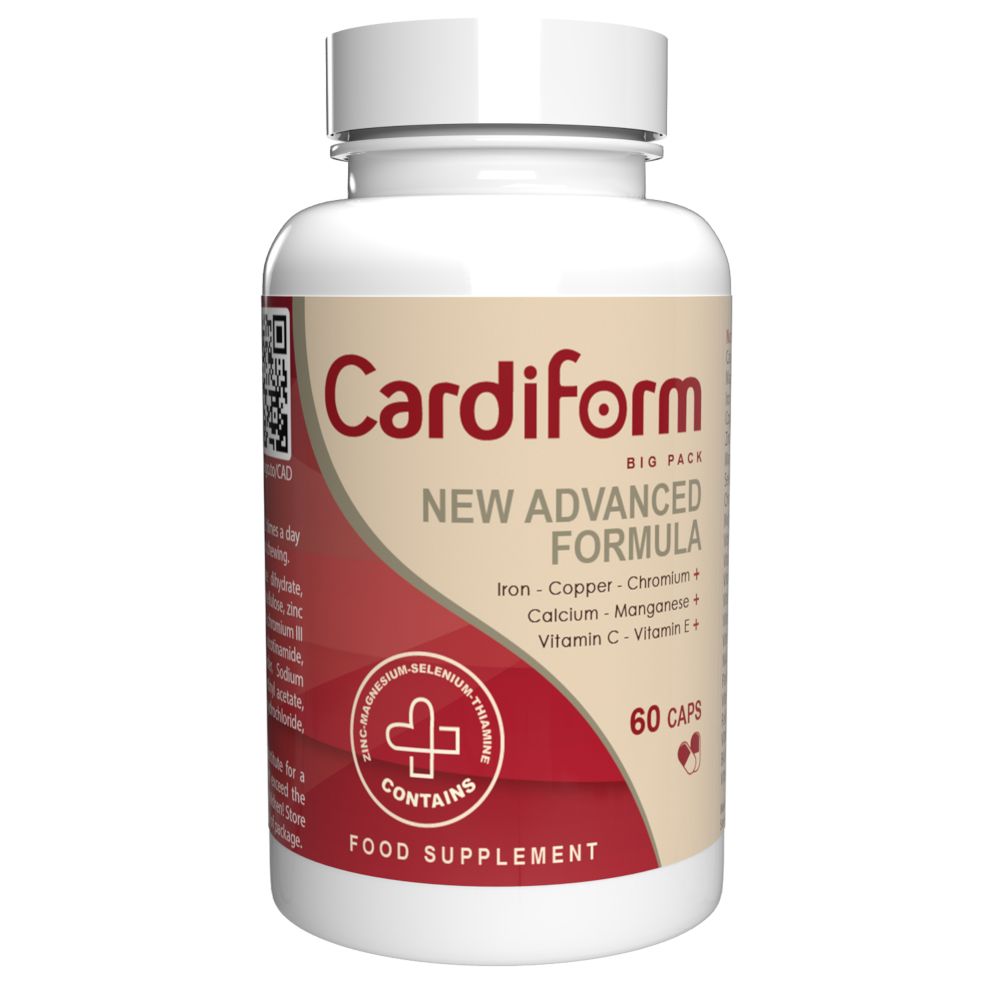 Weiße Flasche mit Kapseln. Aufschrift: Cardiform, New Advanced Formula, 60 Kapseln. Enthält Eisen, Kupfer, Chrom, Calcium, Mangan, Vitamin C.