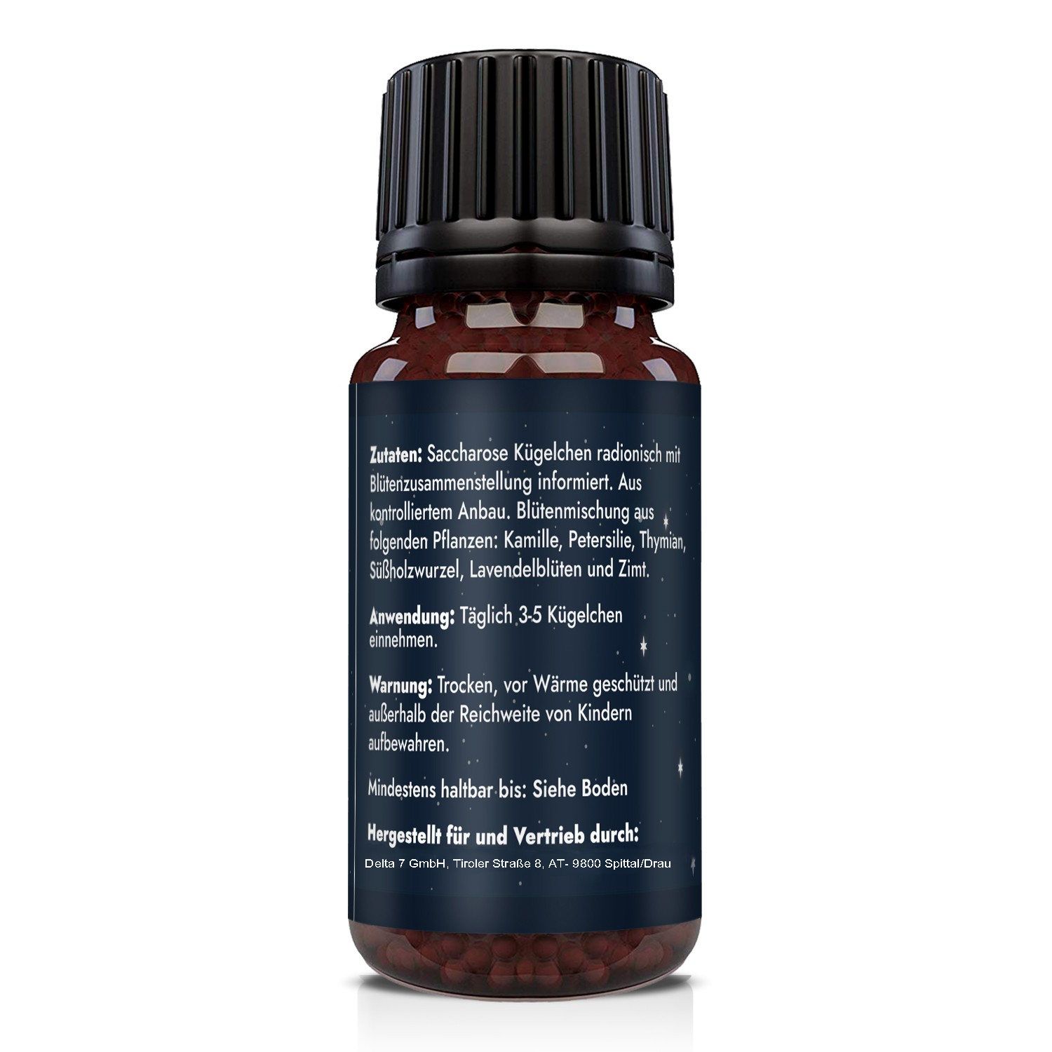 Rückseite der Produktflasche. Text: Zutaten, Anwendung, Warnung. Mindestens haltbar bis. Hergestellt für und Vertrieb durch: Delta 7 GmbH.