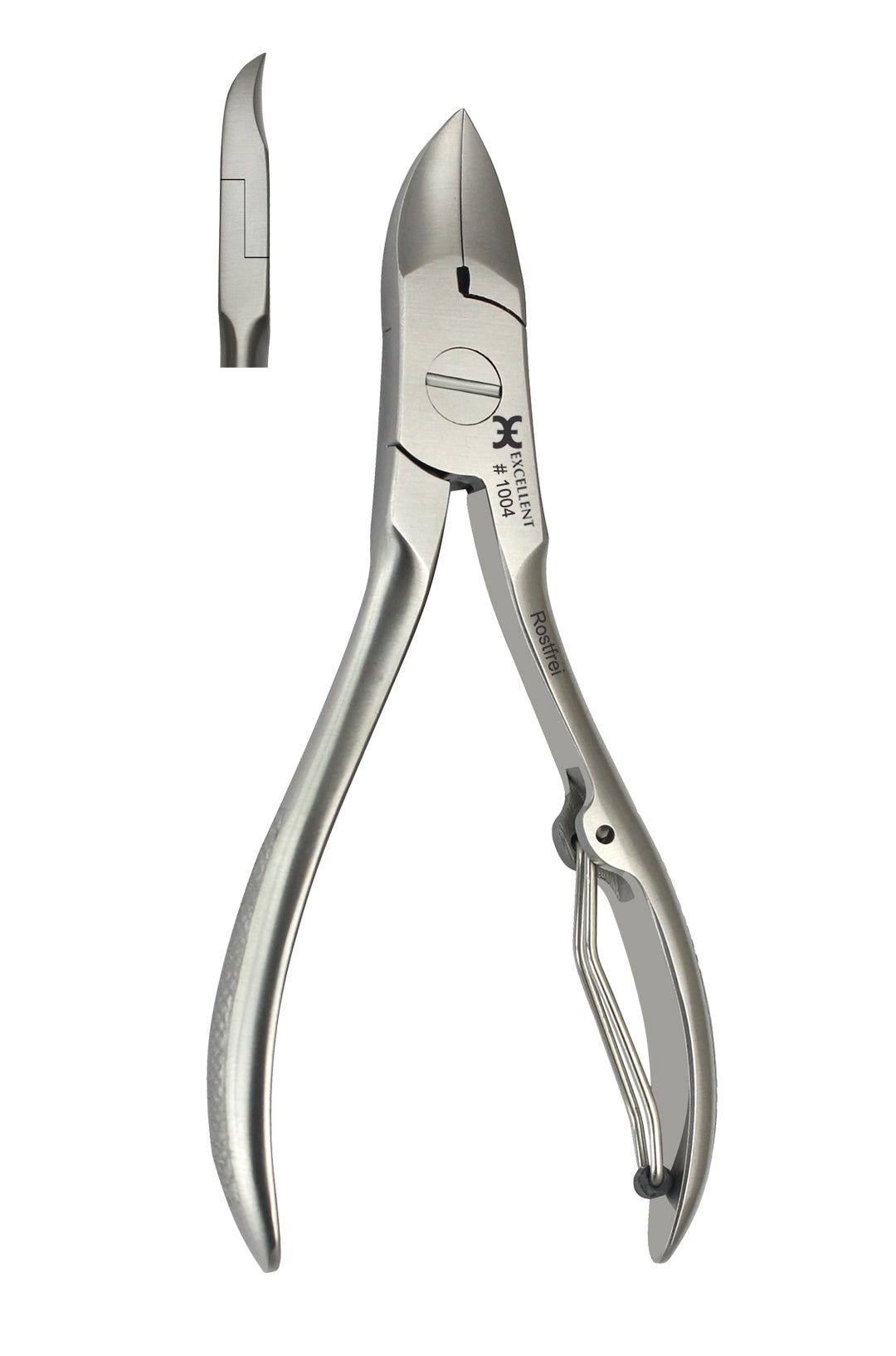 Metalen nagelknipper. Met gebogen snijkant en handgrepen. Opschrift: EXCELLENT #1004. Extra aanzicht van de snijkant.
