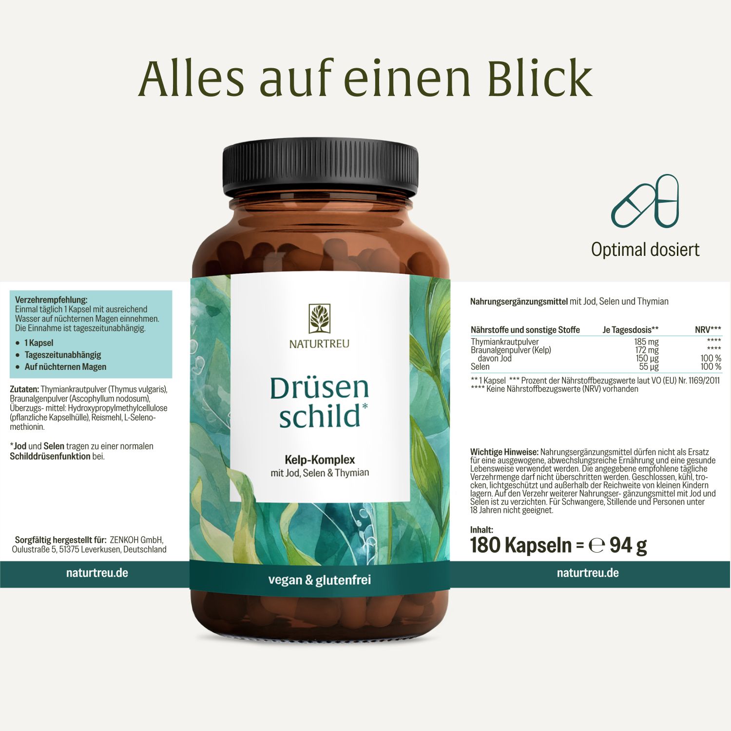 NATURTREU® Drüsenschild Flasche mit detaillierten Informationen zu Inhaltsstoffen, Nährwerten und Anwendung.