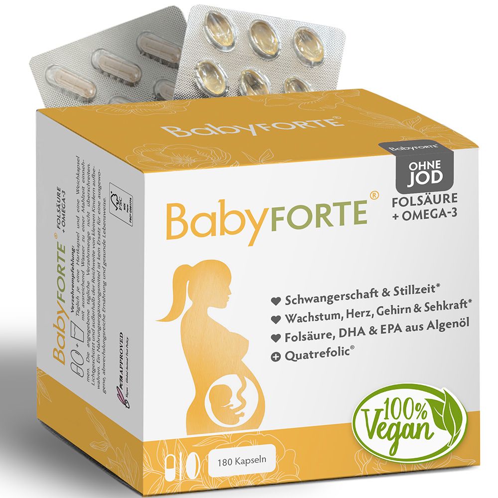 BabyFORTE Folsäure + Omega-3: 180 Kapseln, 100% Vegan Siegel.
