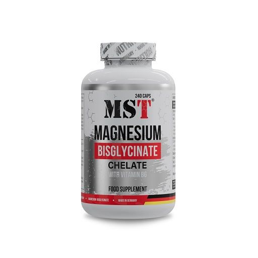 Weiße Flasche mit roter und grauer Beschriftung. Enthält 240 Kapseln MST Magnesium Bisglycinat + Chelat. Mit Vitamin B6. Nahrungsergänzungsmittel.
