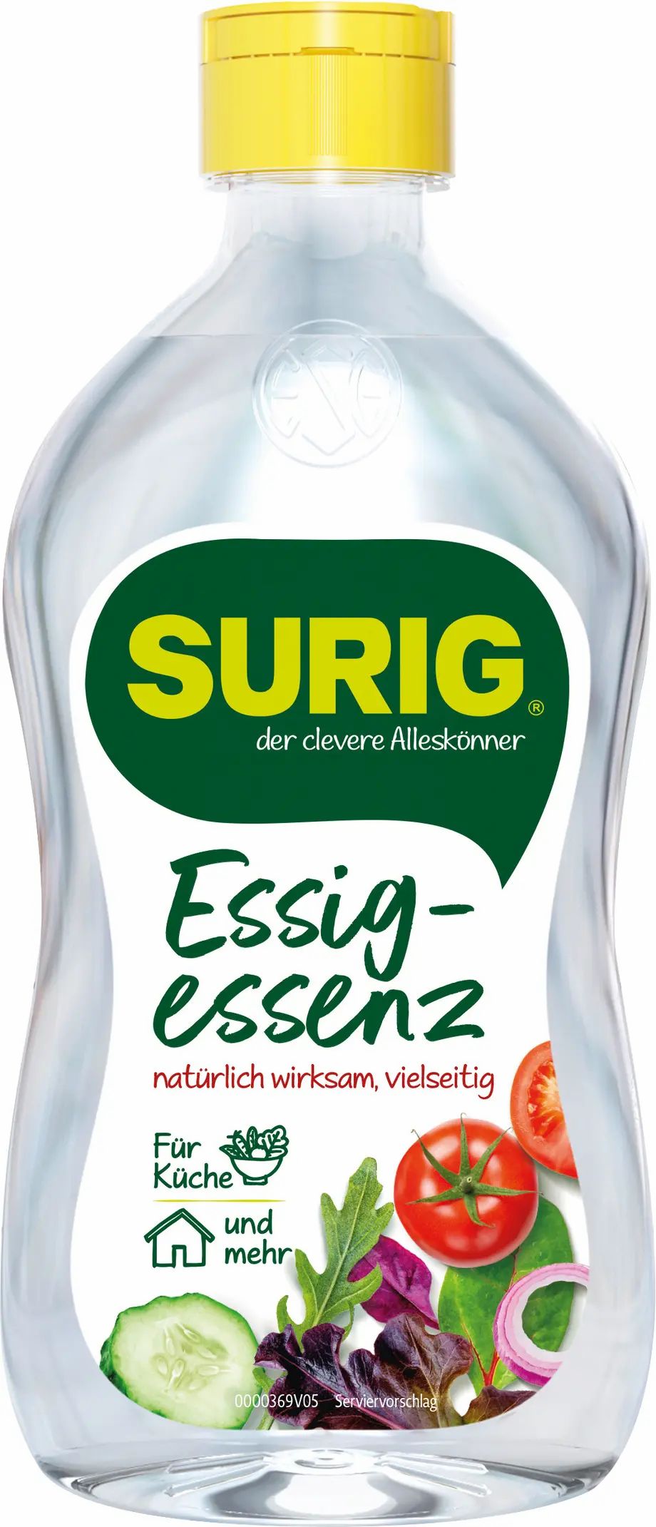 Klare Flasche mit gelbem Deckel. Etikett mit SURIG-Logo, Schriftzug 'Essigessenz' und Gemüseabbildungen.