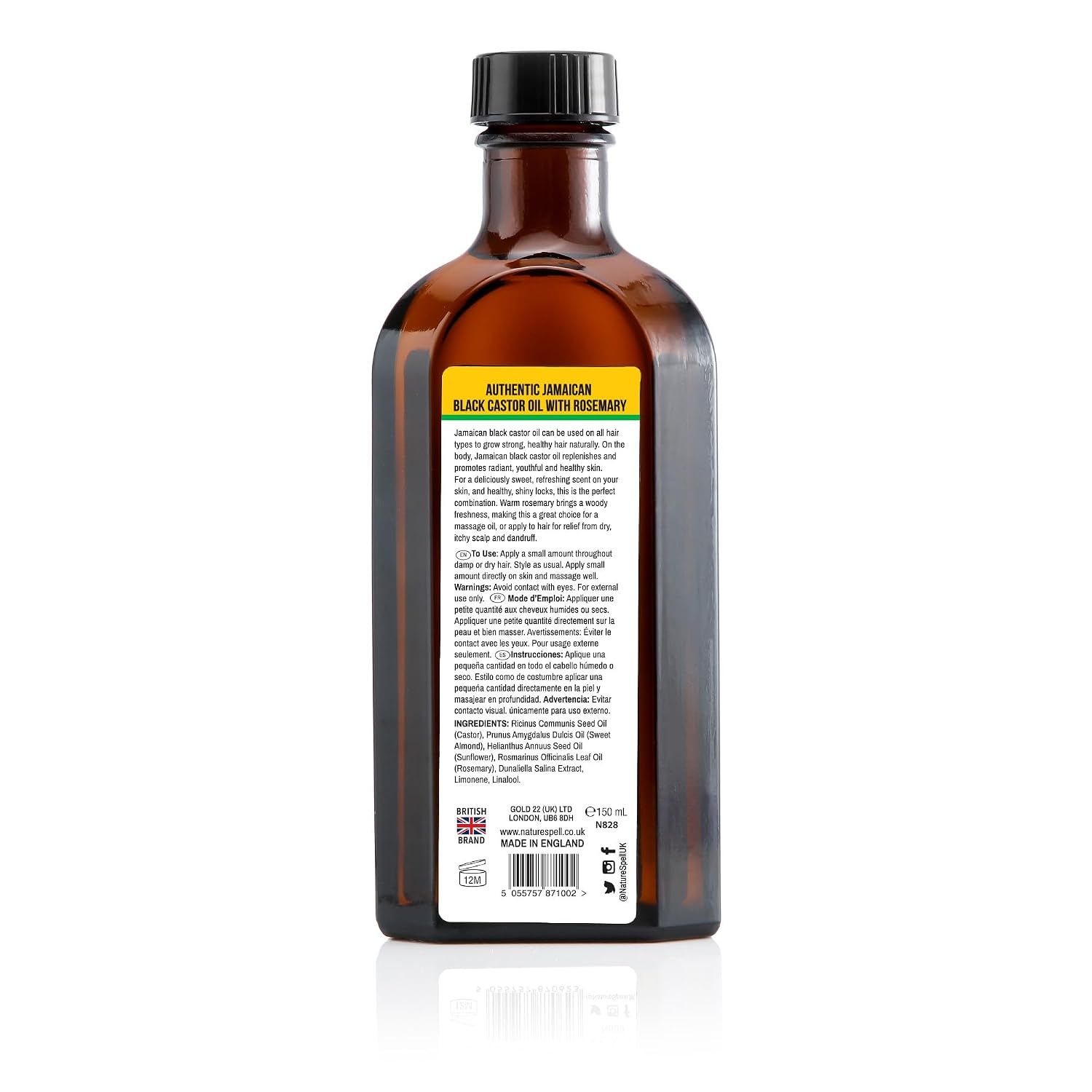 Braune Glasflasche mit schwarzem Verschluss, Etikett mit Informationen zu schwarzem Rizinusöl.