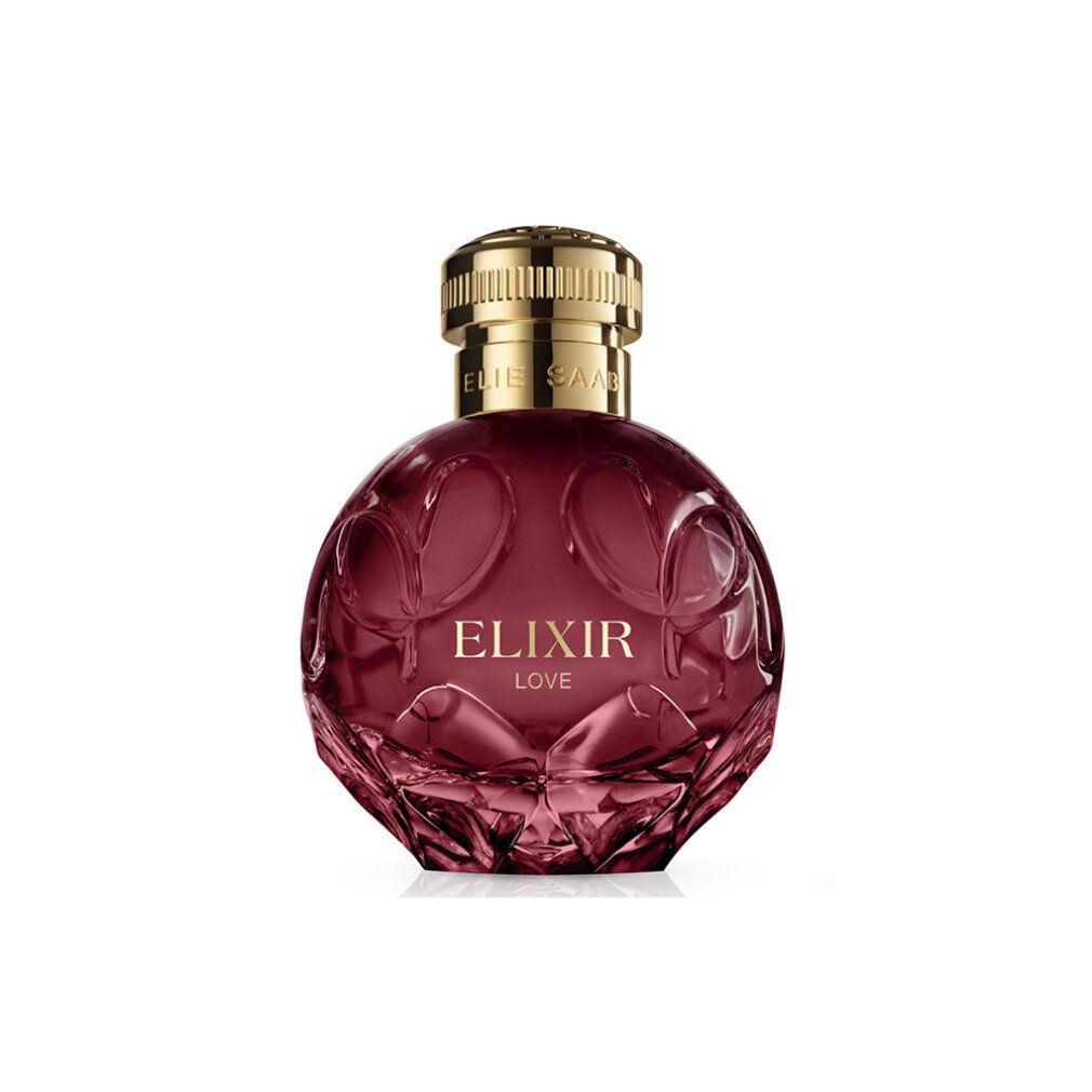 Rote Glasflasche Elie Saab Elixir Love Eau de Parfum, isoliert.