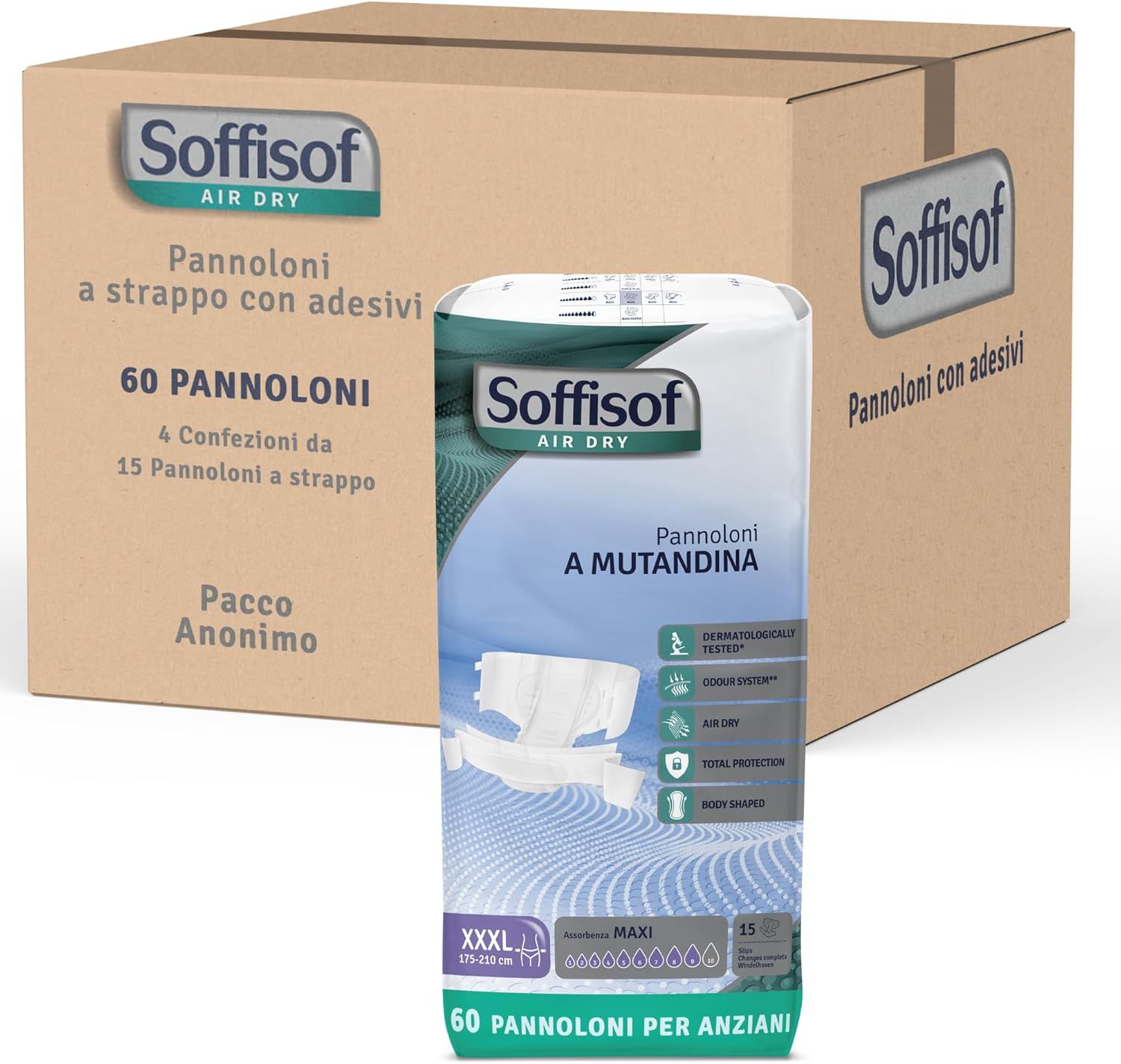 Soffisof Air Dry Maxi Windeln für Erwachsene. Verpackung mit 60 Stück. In Karton verpackt. Mit Klebestreifen.