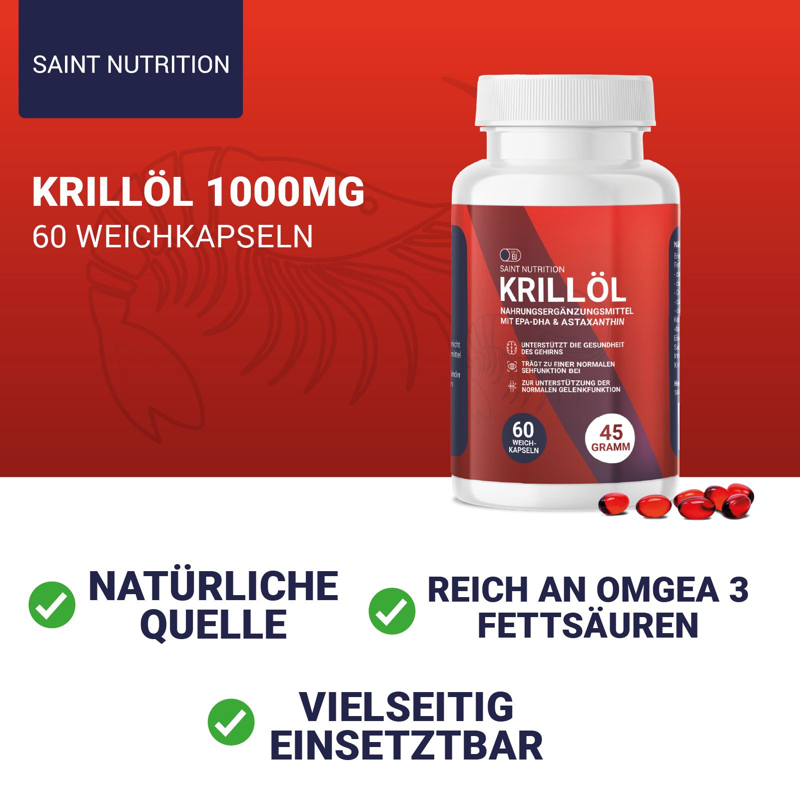 Flasche mit Krillöl, 60 Weichkapseln. Text: Natürliche Quelle, reich an Omega 3 Fettsäuren, vielseitig einsetzbar.