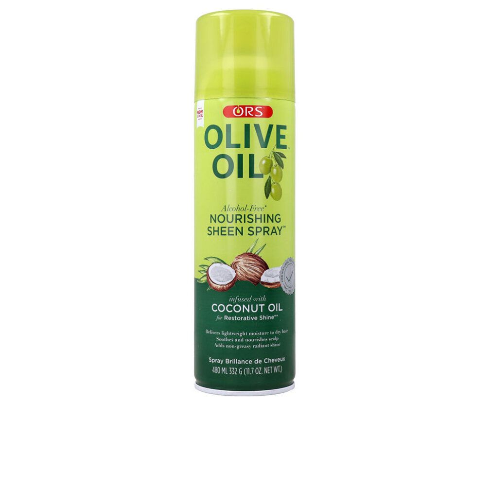 Grüne Sprühflasche ORS Olive Oil. Mit Kokosöl. Text: Nourishing Sheen Spray. 481 ml.