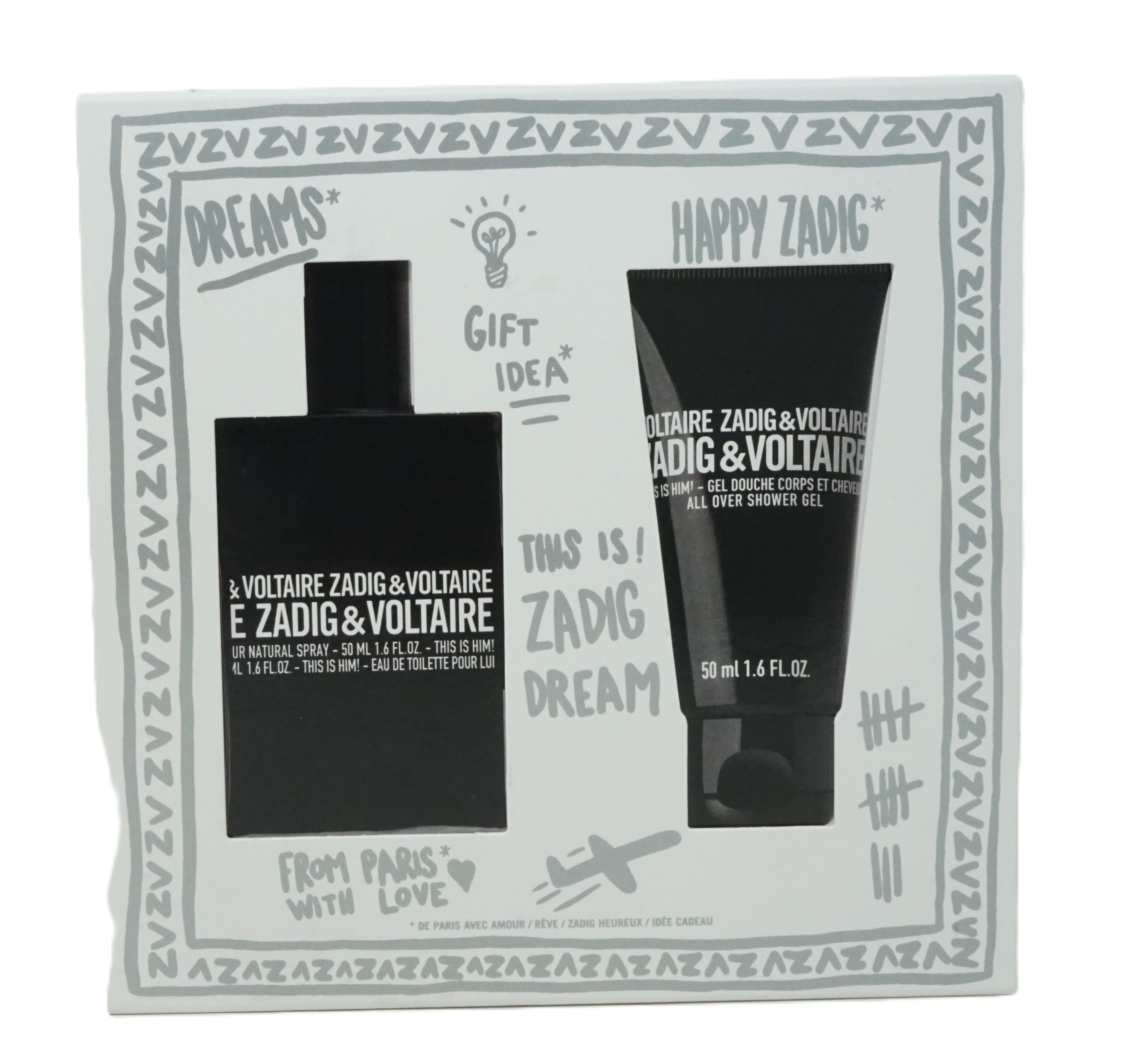 Geschenkset mit Flakon und Duschgel. Schwarze Flasche mit Text. Schwarze Tube mit Text. Verpackung mit Schriftzug.
