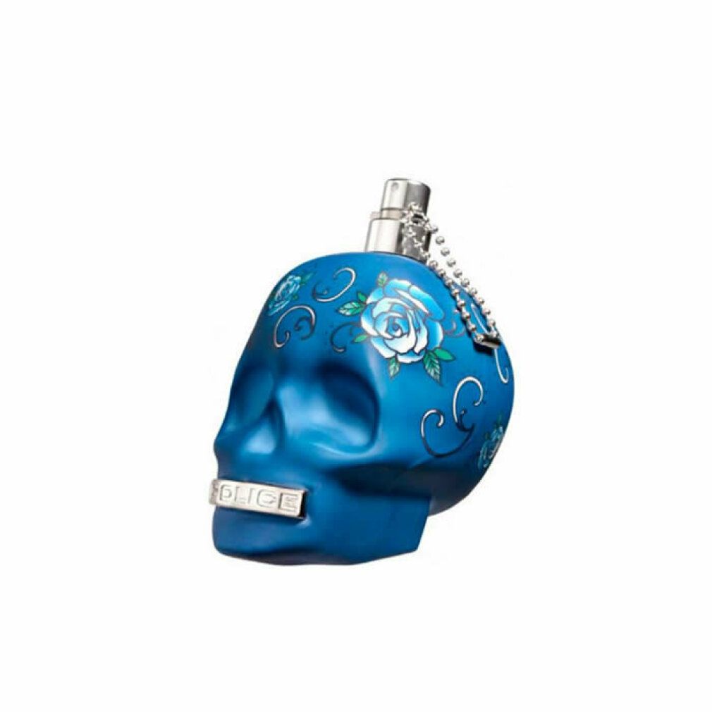 Blaue Totenkopf-Parfümflasche mit Rosen-Tattoo-Design.