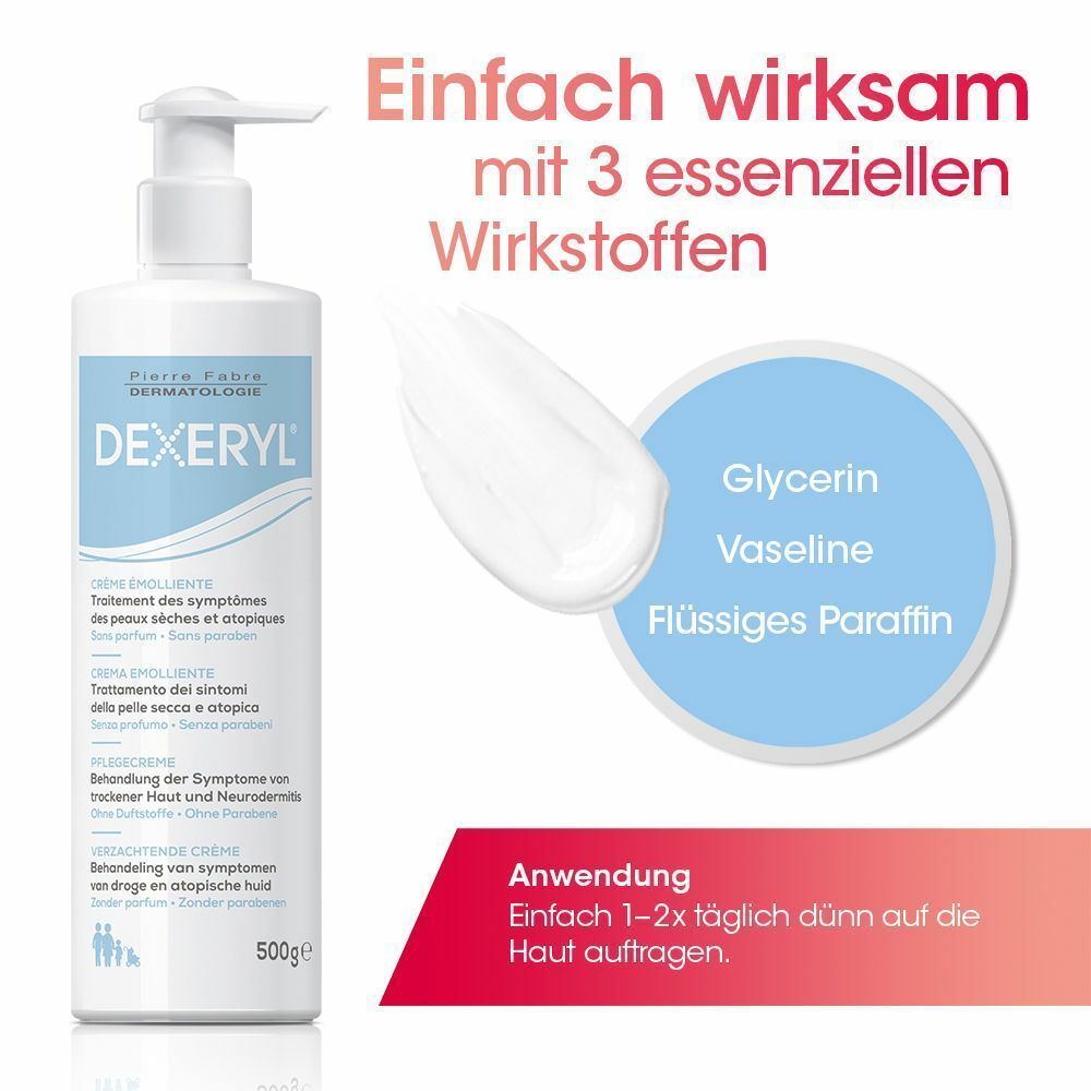 DEXERYL® Creme Flasche mit Spender. Text: Creme émolliente, 500g. Enthält Glycerin, Vaseline und flüssiges Paraffin. Anwendungshinweis.